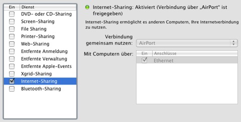 Internet-Sharing Dialog Mac OS X